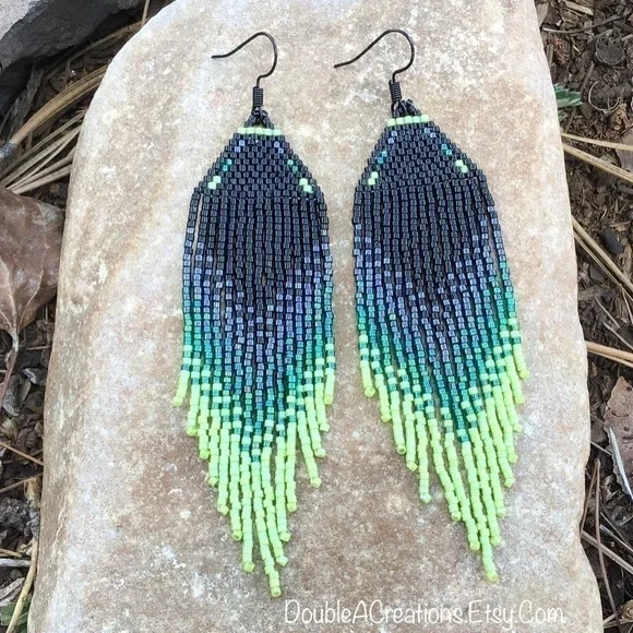 𝅺Black and Lime Green Beaded Earrings with Fringe, New, Handmade by Me - Picture 5 of 11